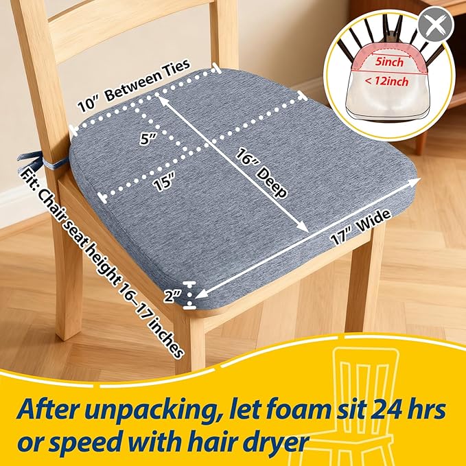 AAAAAcessories D-Shaped Chair Cushions, 2" Thick Dining Chair Pads with Ties and Removable, Machine-Washable Cover, 17" x 16", Light Blue