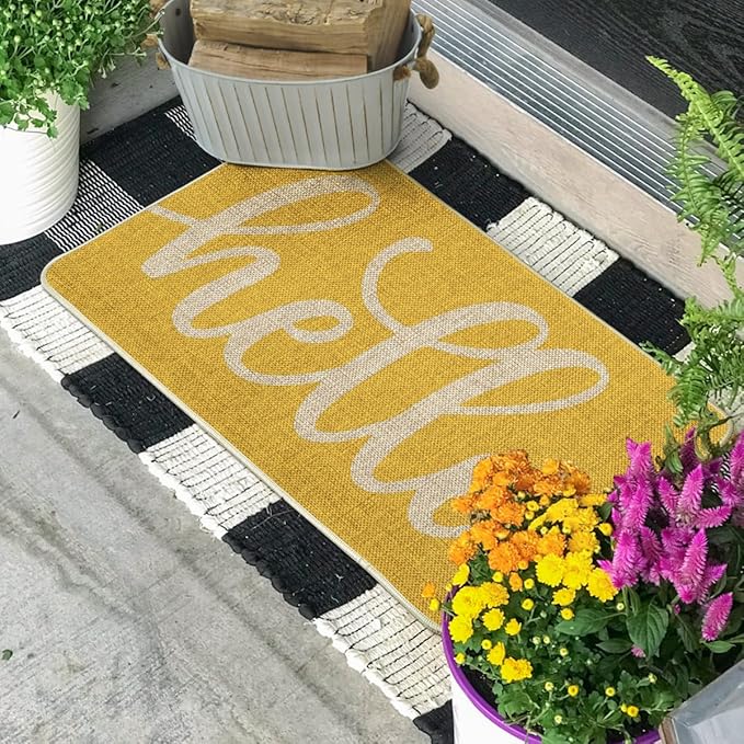 Artoid Mode Yellow Hello Spring Doormat, Summer Home Decor Low-Profile Switch Rug Door Mat Floor Mat for Indoor Outdoor 17x29 Inch