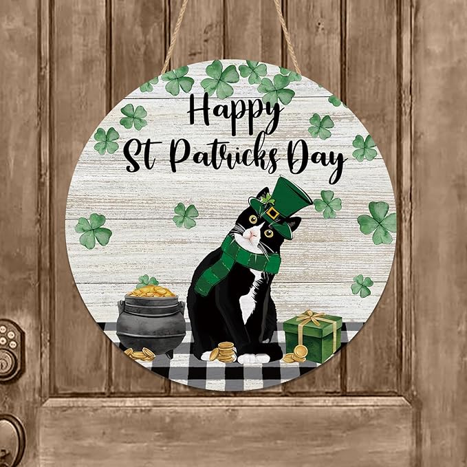 Happy St Patricks Day Cat Door Sign Shamrocks Clovers Tuxedo Cat Wood Door Hanger for Outdoor Outside Porch Holiday Farmhouse Wooden Indoor Wall Hanging Decoration
