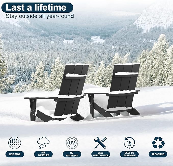 MXIMU Modern Adirondack Chairs Set of 2 Weather Resistant with Cup Holder Oversize Plastic Fire Pit Chairs Adorondic Plastic Outdoor Chairs for Firepit Area Seating (Black)