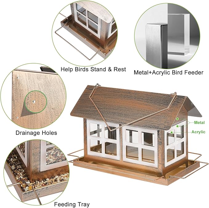 Bird Feeders, Heavy Duty Metal Bird Feeder for Outdoors Hanging, Weatherproof Large Capacity Wild Birdfeeder for Outside Garden Yard, Country House Shape (Horizontal)