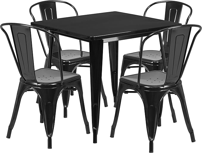 EMMA + OLIVER Commercial 31.5" Square Black Metal Indoor-Outdoor Table Set-4 Stack Chairs