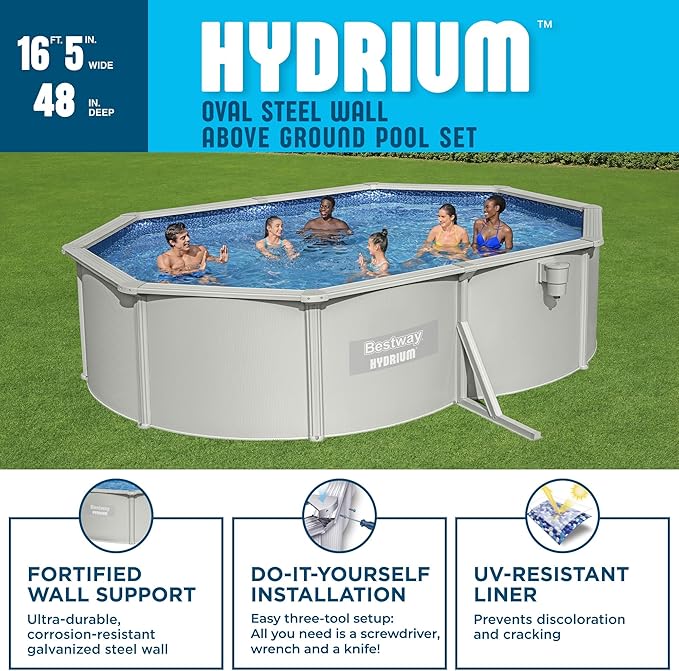 Bestway Hydrium 16’5” x 12' x 48" Above Ground Pool, Oval Steel Side Wall Frame Outdoor Swimming Pool Set with Sand Filter Pump, Ladder & Accessories