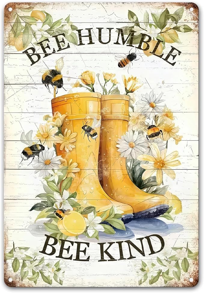 Vintage Metal Tin Sign Inspirational Quotes Wall Decor "BEE HUMBLE BE KIND" Retro Wall Art for Home Outdoor Office Coffee Shop Cafe (8x12 Inch)