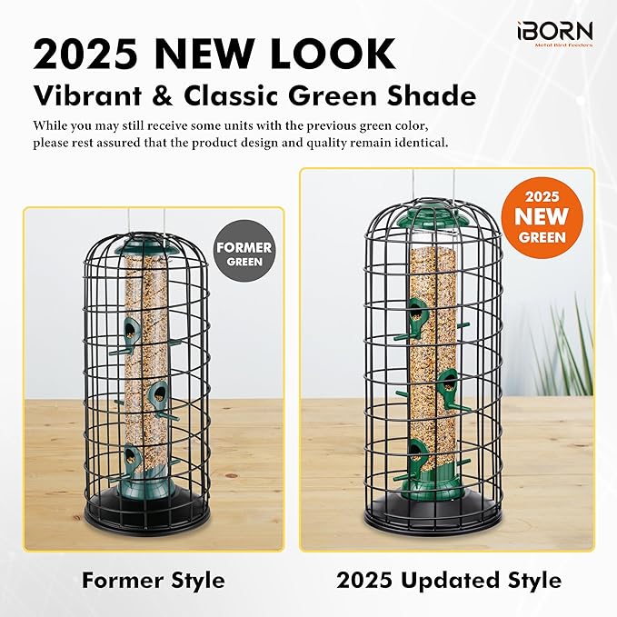iBorn Bird Feeders Hanging-Squirrel & Pigeon Proof Bird Feeder, Heavy Duty All Metal Green 14 Inch, Outdoor for Mix Seed Blends & Garden