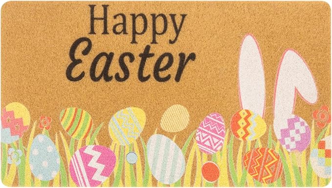 Easter-Decorative-Welcome-Doormat Outdoor-Entrance Easter Bunny Door Mat Non Slip Coir Front Door Mats for Spring Home Decor 17" x 29"