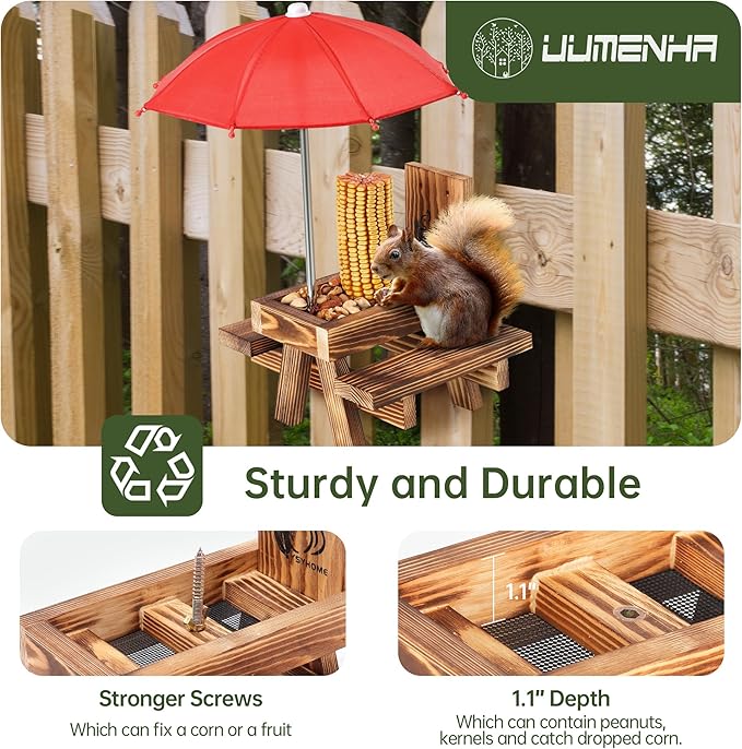 Squirrel Feeder for Outside with Umbrella, Carbonized Wood Squirrel Picnic Table Feeder with Corn Cob Holder & Peanut Tray, Durable Picnic Table for Squirrel and Chipmunk, New Premium Gift (Brown-red)