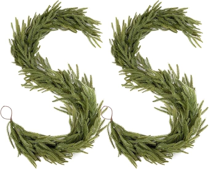 Findosom 2PCS 9Ft Christmas Norfolk Pine Garland, Real Touch Artificial Winter Green Pine Garland for Mantle, Wall, Fireplace, Stairs, Table, Indoor & Outdoor Christmas Decorations