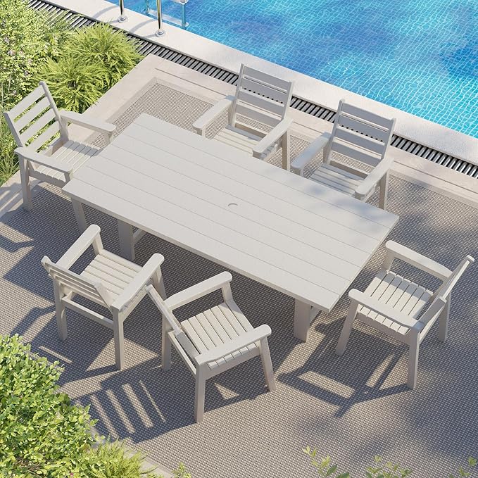 AMERLIFE 7-Piece HDPE Outdoor Dining Set with Umbrella Hole, 71" L Patio Table and Chairs Set for 6, Modern Garden Dining Set for Backyard, Poolside, Porch, White