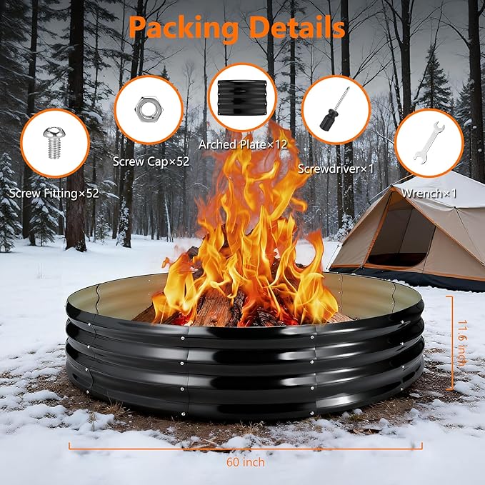 60 Inch Large Round Fire Ring Pit, Outdoor Bonfire Rings for Wood Burning, Galvanized Steel Fire Pit Portable for Backyard, Camping, Patio, Beach (5×5×1 FT, Black)