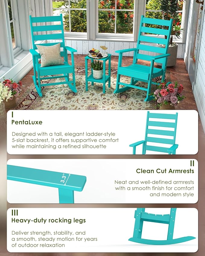 GREENVINES Outdoor-Rocking-Chair | HDPE Plastic | Patio Rockers | Porch Rocker Chairs | Shaker | Oversized | High Ladder Back | Big & Tall | PentaLuxe |Aqua