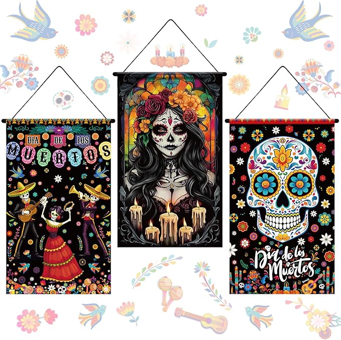 Tegeme 3 Pcs Day of The Dead Door Sign Flag Dia De Los Muertos Front Door Decoration Halloween Hanging Decor Banner Wall Flag Ornaments for Party Supplies Home Outdoor Indoor