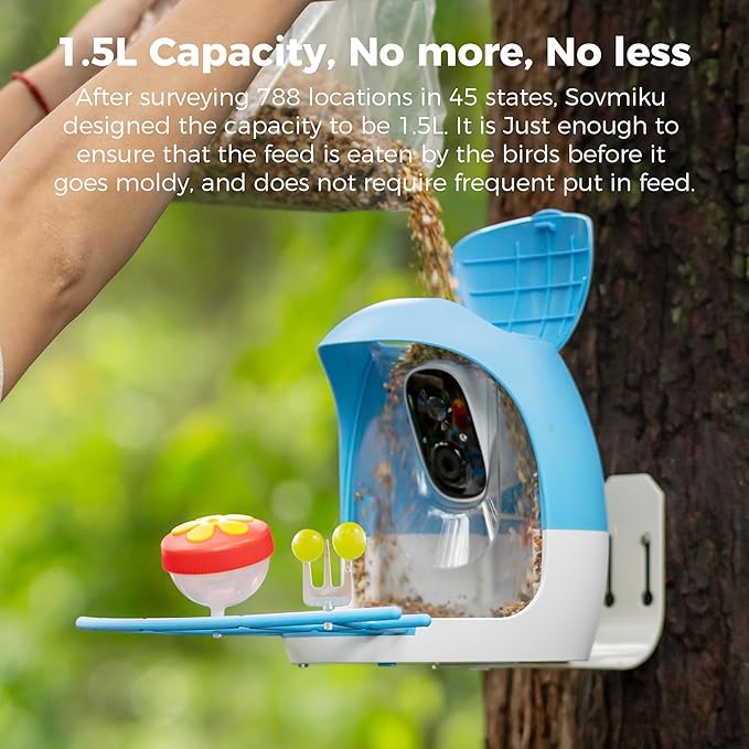 Sovmiku FCG6 AI Bird Feeder with 2K Solar Camera Squirrel Feeder Bird Identify Hummingbird attractant Motion Detection Real Time Views and Notifications SD Slot Ideal Gift for Bird Lovers for Parent
