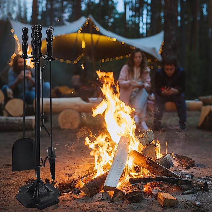 OLIXIS 5 Pcs Fireplace Tools Set Indoor, 32 Inch Wrought Iron Large Fire Place Tool Set with Stand, Fireside Accessories Kit with Poker Brush Shovel Tongs for Outdoor Campfire Fire Pit