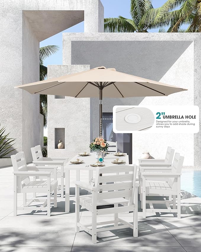 SERWALL 5-Piece Outdoor Table and Chairs, 60" - 83" Expandable Outdoor Dining Table with Aluminum Frame & HDPE Tabletop, All Weather HDPE Patio Furniture Set for Backyard, Garden, White