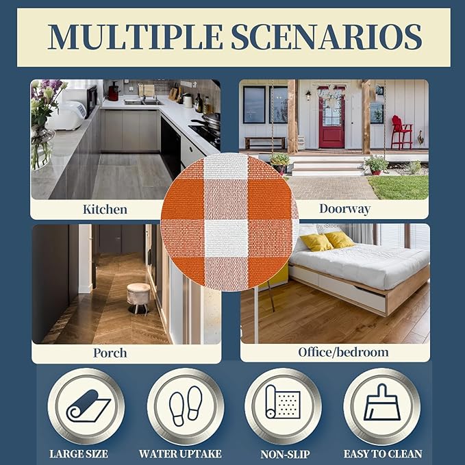 SEEKSEE Cotton Buffalo Plaid Rug 3'x5' Orange and White Checked Rug Washable Doormats Indoor Outdoor Rugs for Layered Front Door Mats, Porch, Kitchen, Farmhouse, Entryway