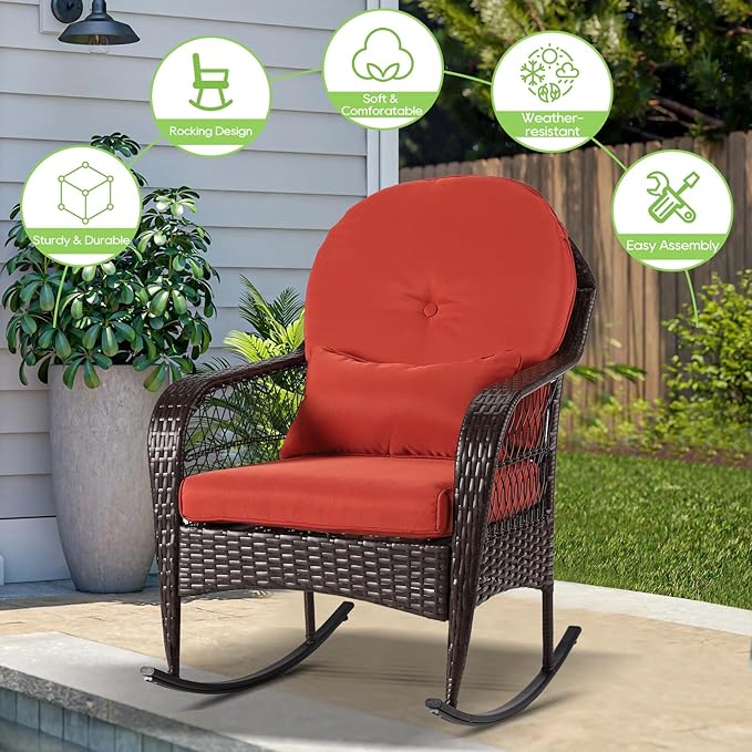 Outdoor Wicker Rocking Chair, All Weather PE Rattan Rocker with Cushion & Pillow, Outdoor Rocking Furniture for Garden, Porch, Backyard, Poolside (Brown Rattan+ Orange Cushion)