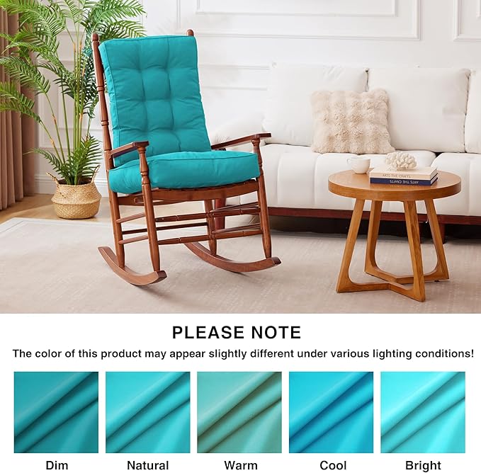 Rocking Chair Cushion, Waterproof and Fade-Resistant Patio Chair Cushions, Tufted Chair Pads for Rocker Furniture, 17x17 Inch, Indoor/Outdoor Seat Cushions with Ties, Teal Blue