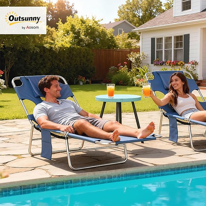 Outsunny Folding Beach Lounge Chair with Face Hole and Arm Slots, 5-Level Adjustable Sun Lounger Tanning Chair with Pillow for Patio, Garden, Beach, Pool, Gray