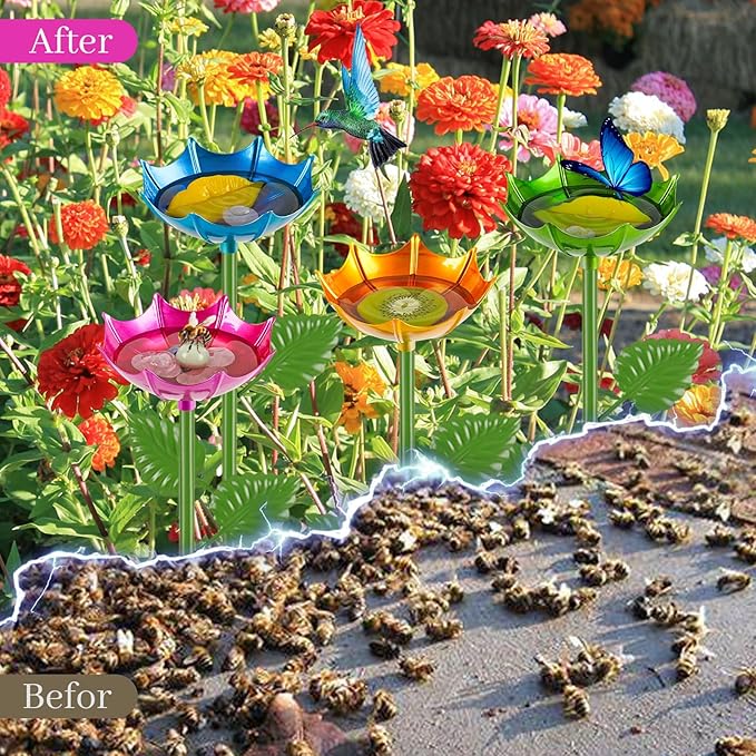 Bee Watering Station | 4 Pack Butterfly Feeder for Outside | Metal Decorative Garden Stakes | Bee Baths for Garden Yard Decor Umbrella Design (Red,Green,Blue,Yellow)