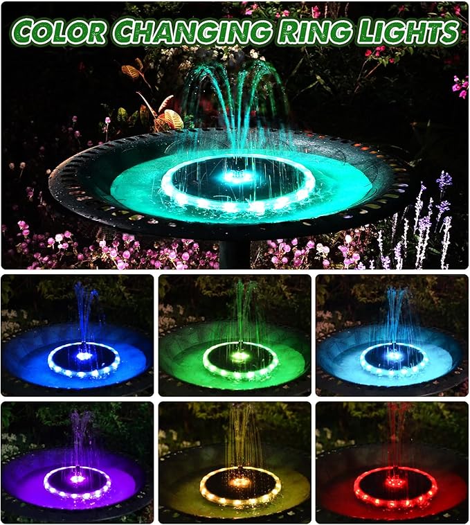 Yzert Solar Fountain Matte Panel with 4000 mAH Battery, 4W Bird Bath Fountains Solar Power with 8 Nozzles, Floating Solar Fountain Pump for Bird Bath, Garden, Pond, Outdoor (Color Change)
