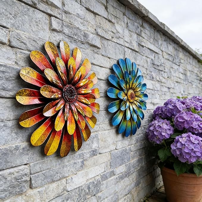 HOOEN 2pack Metal Flowers Wall Decor Wall Art Decorations Hanging For Indoor Outdoor Home Garden Farmhouse Yard Patio Fence Living Room Bedroom Decor