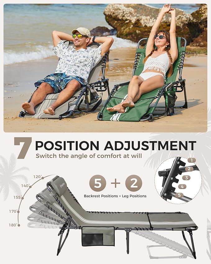KingCamp 2 Pack Tanning Chair with Face Hole, Lounge Chairs Outdoor Folding Comfy Adjustable 5-Position Foldable Chaise Chaser Lounger for Outside Beach Patio Sun Bathing Pool, Grey/White