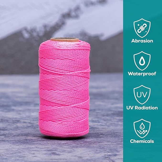 Mason Line String 1.3mm Thick Twisted Polypropylene – Durable Construction Twine for Laying Bricks, Blocks, Fences in Gardening, DIY & Landscaping Projects (Pink, 393 Ft x 6 Pcs)
