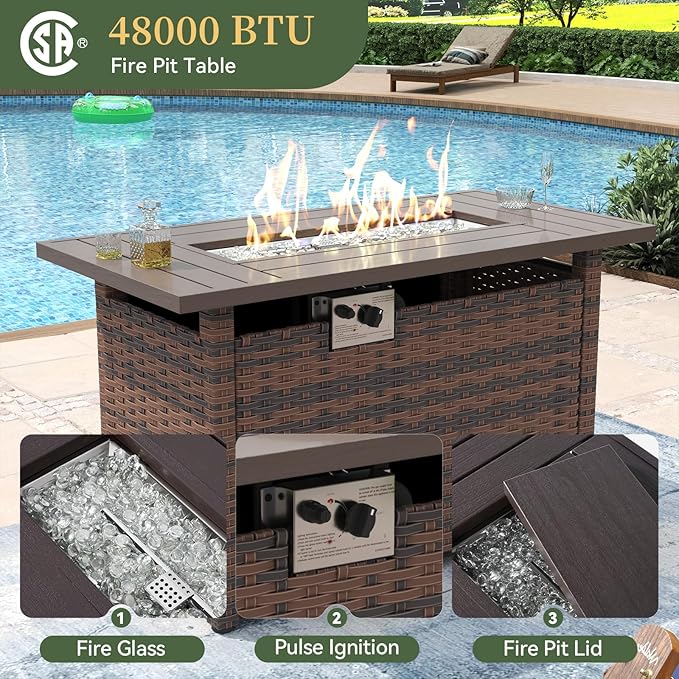 Aoxun 11 Piece Patio Furniture Set with 44” Fire Pit Table Wicker Rattan Outdoor Sectional Sofa Set with Coffee Table and Thickened Cushions, Gray (Waterproof Cover Included)