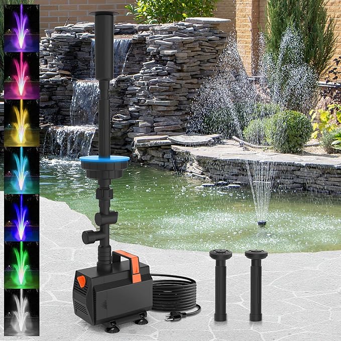 AquaMiracle Pond Fountain Pump with Automatic Colorful LED for Outdoor Ponds 400-900 Gal, 880GPH Submersible Water Pump for Fountain, Pond, Garden, Water Feature, Bird Baths