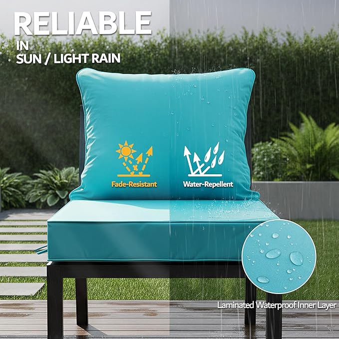 22x22 Inch Patio Chair Cushions Set of 2, Outdoor Furniture Cushions - Removable Cover, Water-Repellent, Fade-Resistant, Non-Slip Bottom & Straps, Replacement for Lawn, Porch & Deck Chair - Teal