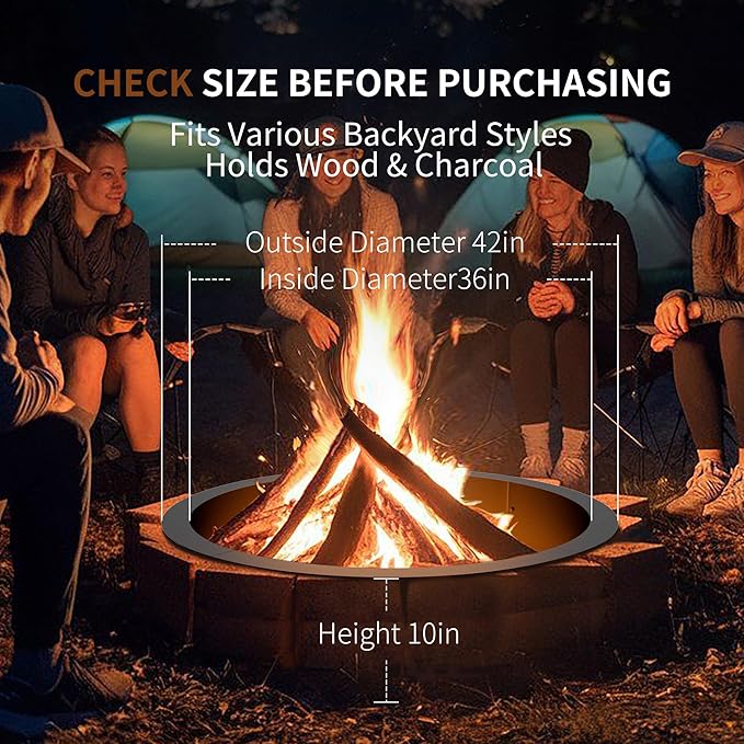 Outdoor Smokeless Fire Pit Ring Insert,36 Inch Inner|42 Inch Outer Diameter, Heavy Duty Metal Round Fire Ring for Outside Wood Burning, Black