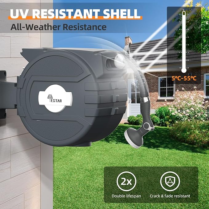 Retractable Garden Hose Reel 1/2 in x65 ft, Garden Water Hose Reel with 10- Function Sprayer Nozzle, Any Length Lock/Automatic Slow Return System,180° Swivel Bracket