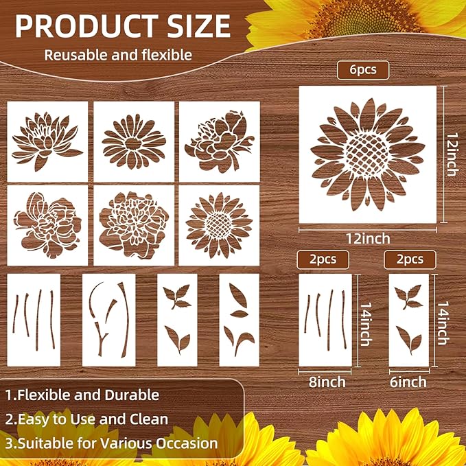 10Pcs Large Flower Stencils for Painting, 14 inch Floral Templates Drawing Patterns for Walls Fabric Wood Furniture Garden Fence Sunflower DIY Decor