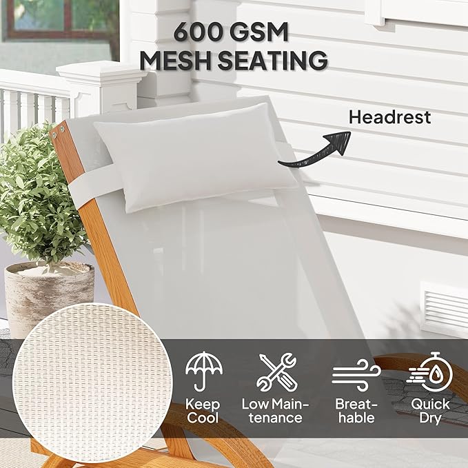 Outsunny Larch Wood Lounge Chair, 4-Level Adjustable Tanning Chair, Full Flat Patio Lounger with Mesh Seat, Outdoor Sun Chaise for Patio Beach, Cream White