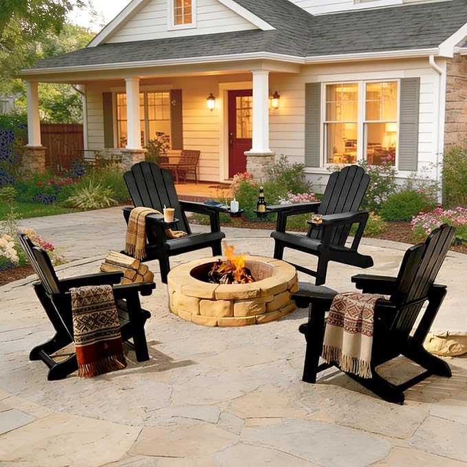 PURPLE LEAF Adirondack Chair Set of 4 HDPE All-Weather Outdoor Fire Pit Chair with 24.6" Oversized Seat Wood-Textured Patio Adirondack Chair with Dual Cup Holders for Garden Deck Backyard, Black