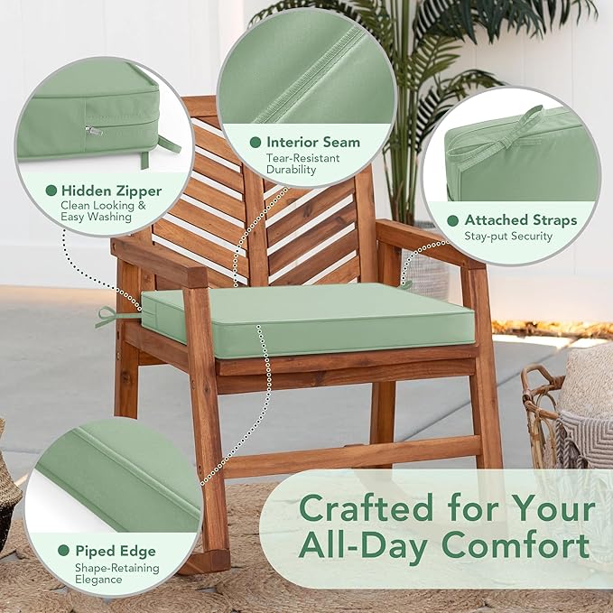 Outdoor Chair Cushions Set of 2: Waterproof & Color Fastness Seat Cushion for Patio Furniture - 22 x 22 x 3 Inch Chair Pads with Ties and Hidden Zipper - Patio Chair Cushion Replacement, Sage Green