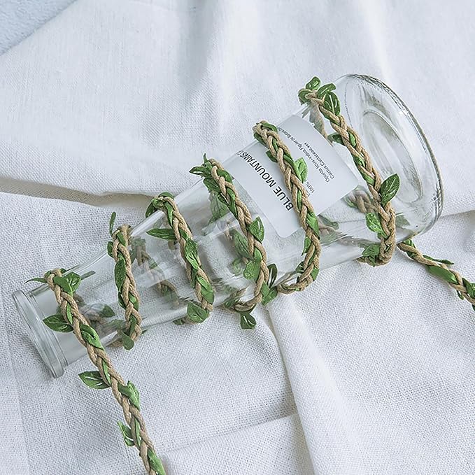 33ft Waxed Twine with Green Leaves, 3-ply Waxed Cord, Artificial Leaves Waxed String for Crafts and Decor (Natural Color Waxed Twine)