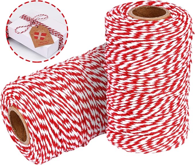Cotton Twine String Bakers Rope: 2 Roll Twines for Crafts Gift Wrapping - 656 Feet Red White Twine for Kitchen Cooking