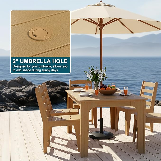 7-Piece HDPE Patio Dining Set, Weather-Resistant Outdoor Table with 2/1.5-Inch Umbrella Hole, Never Sagging One-Piece Tabletop with Metal Support Bars for Poolside Backyard Garden (Teak Color)