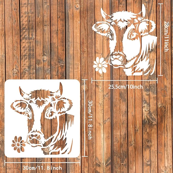 FINGERINSPIRE Cow Flower Stencil - 11.8x11.8inch Reusable Cow Head Stencil with Flower Design for Painting on Wood, Floor, Furniture, Wall and Paper