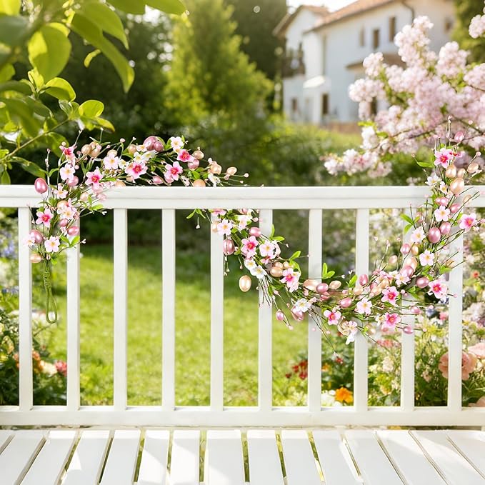 6 Ft Artificial Easter Garland Easter Pink Egg Flower Berry Garland Decorations Spring Flower Garlands with Pastel Eggs and Mixed Twigs for Fireplace Mantel Indoor Outdoor Home Party Door Wall Decor