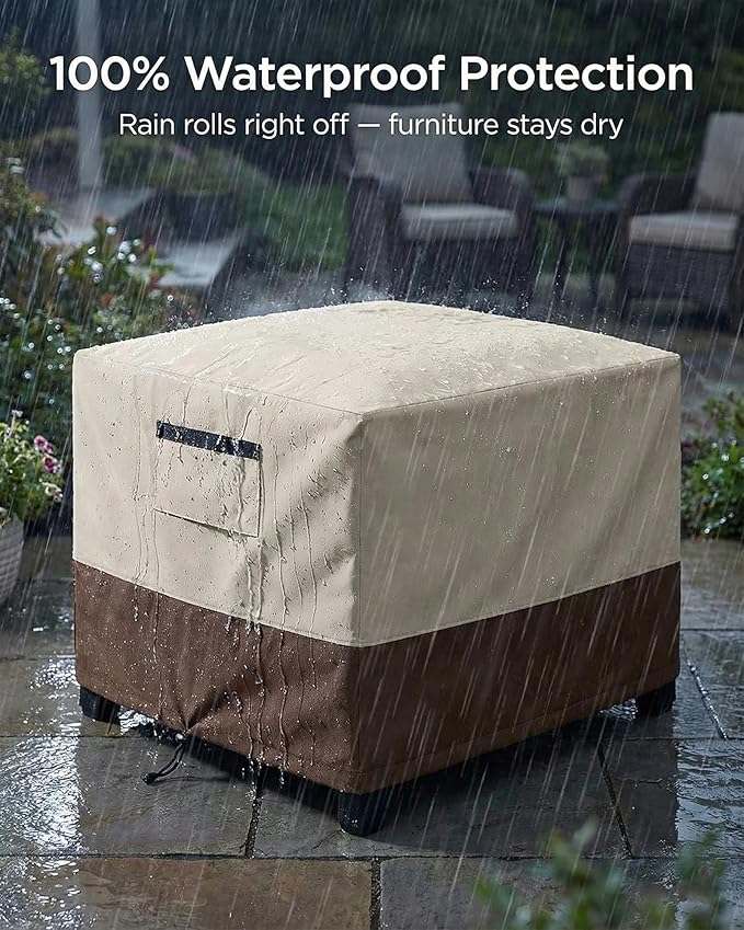 Waterproof Patio Ottoman Cover, Square Outdoor Side Table Furniture Cover with Padded Handles, 600D Heavy Duty Windproof All-Weather Patio Furniture Cover,UV Resistant, 22 x 22 x 18 Inch, Beige&Brown
