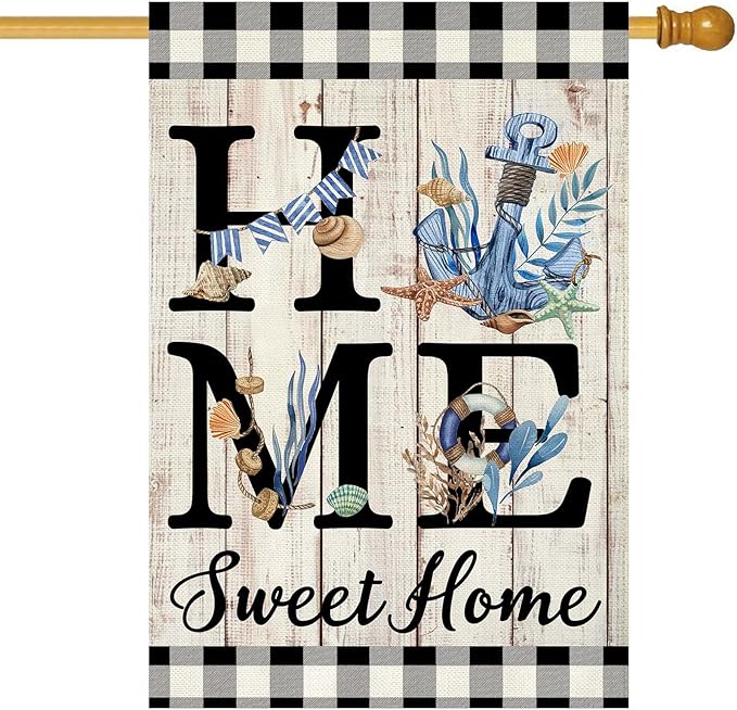 ORTIGIA Beach House Flag 28 x 40 Inch Double Sided Burlap Home Sweet Home Blue Anchor Starfish Seashell Coastal Ocean Yard Flag Summer Holiday Seasonal Outdoor Outside Decoration(Large)