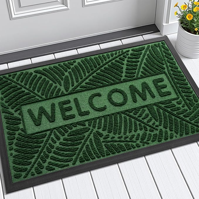 Smiry Welcome Mat Indoor Outdoor, All-Season Waterproof Front Door Mat, Sturdy Natural Rubber Doormat, Non-Slip, Easy Clean, Low Profile Dirt Trapper for Porch Patio Entrance, 29.5x17, Green