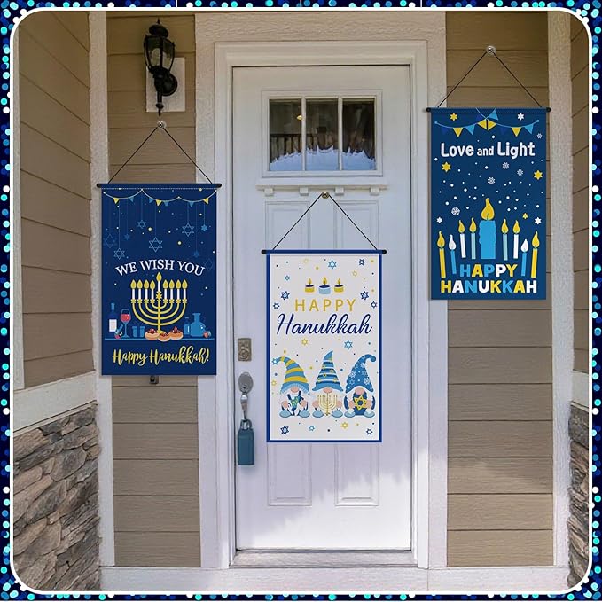 Tegeme 3 Pcs Hanukkah Door Sign Flag Chanukah Blue White Door Hanging Banner Menorah Star of David Menorah Wall Decoration for Hanukkah Party Supplies Outdoor Indoor Decoration
