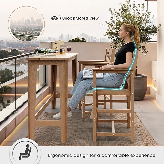 Ciokea Set of 2 Outdoor Tall Bar Chairs, 27" Bar Height Patio Stools with Arms & High Back, Heavy Duty All-Weather Adirondack Tall Chairs for Balcony, Poolside, Deck and Garden, Teak