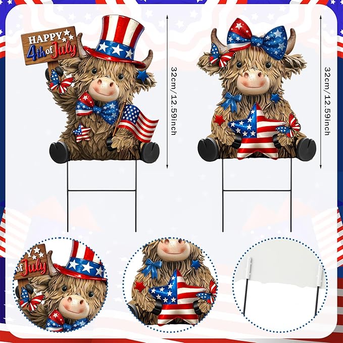 Amyhill 2 Pcs 4th of July Metal Outdoor Decor Garden Stakes Patriotic Highland Cow Welcome Yard Signs Decorations Red White Blue Garden Stakes for Independence Memorial Day Patio Lawn Walkway Outside