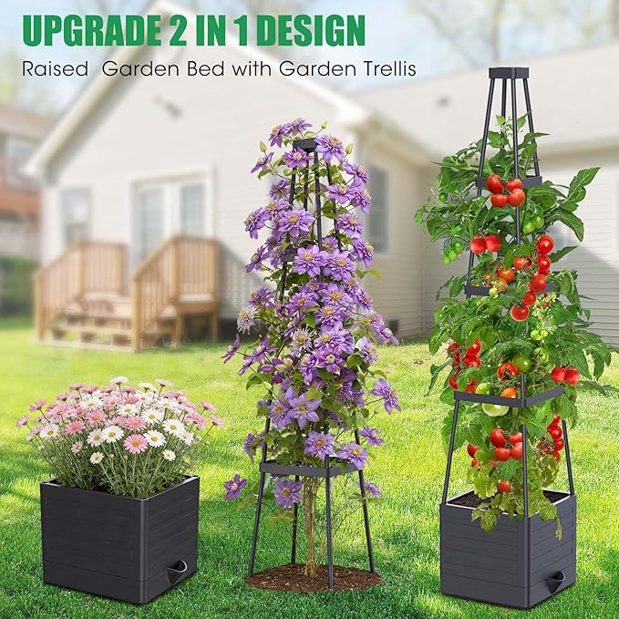 2Pack Raised Garden Bed Planter Box with Trellis, 57" Self-Watering Tomato Cage Planters for Climbing Plants Vegetable Vine Flowers Outdoor & Indoor (57x9.8x9.8IN)