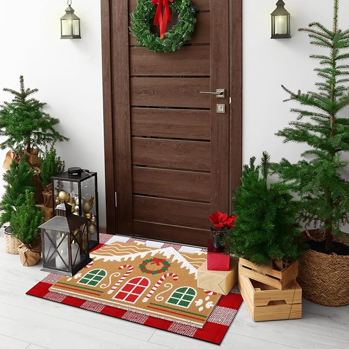 Tinideya 2 Pcs Christmas Door Mat Gingerbread House Welcome Non Slip Coir Mats Merry Xmas Red White Buffalo Plaid Floor Layering Doormats Seasonal for Front Porch Entryway Decor(Gingerbread House)